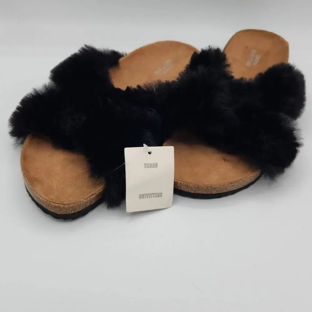 Brand New Urban Outfitters Women's Size 9 Black Faux Fur Slip On Slides Sandals